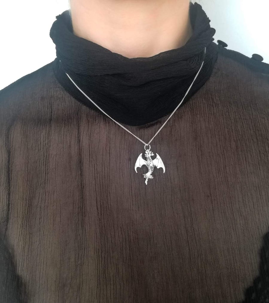 Sterling Silver Flying Dragon Pendant with 18" Necklace