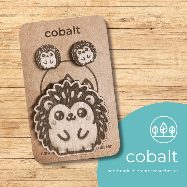 Wooden Handmade Earring and Pin Badge gift set  - Cute Hedgehog