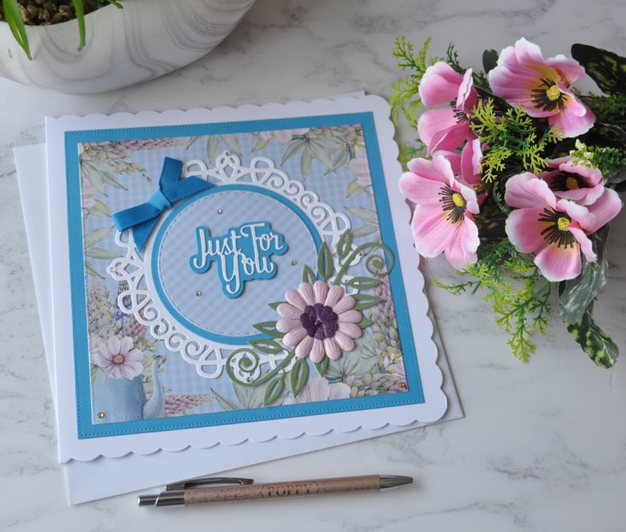 Just for You Birthday Blue Pink Purple Daisy Flower 3D Luxury Handmade Card