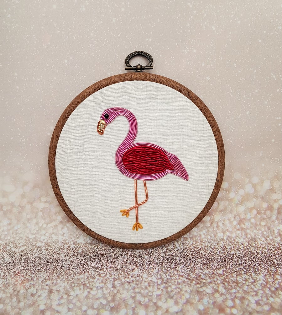 Wirework Flamingo Art, Embroidery Hoop, Goldwork Flamingo Wall Art For Small Spa