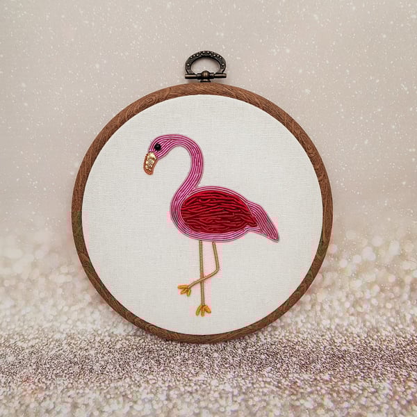 Wirework Flamingo Art, Embroidery Hoop, Goldwork Flamingo Wall Art For Small Spa