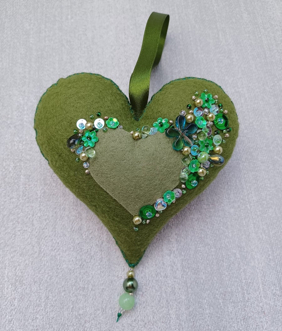 Beaded heart hanger, green felt, Anniversary gift, Padded hearts, 