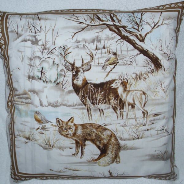 Animals by a river in Winter cushion