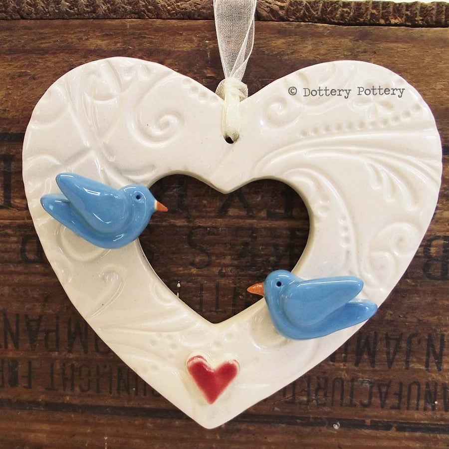 Ceramic heart decoration Wedding Heart Love Birds Bride and Groom