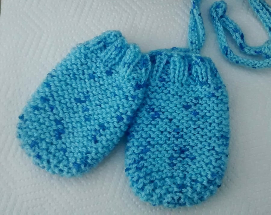 Blue Baby Mittens with Cord - Hand Knitted Mitts