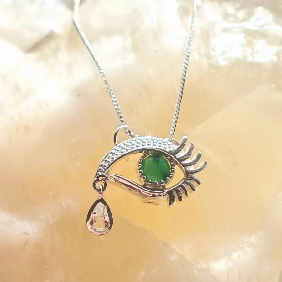 Green Onyx Eye & Topaz Teardrop Sterling Silver Pendant And 20 Inch Chain