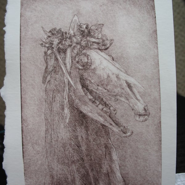 Mari Lwyd drypoint etching
