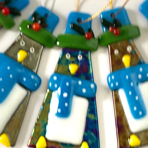 Luminescent fused glass Christmas penguins