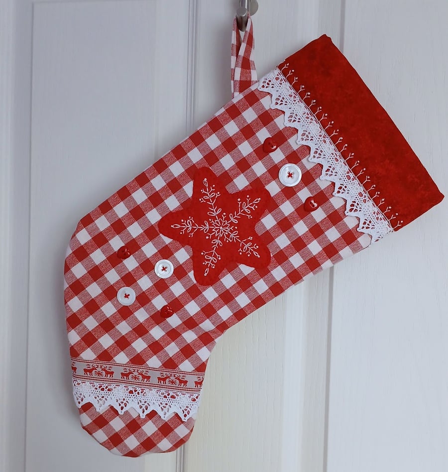 Scandi Style Gingham Christmas Stocking with Hand Embroidered Red Felt Star