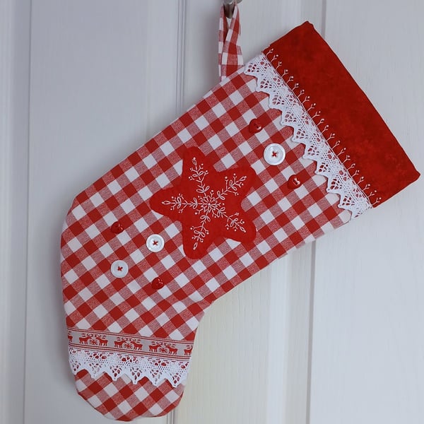 Scandi Style Gingham Christmas Stocking with Hand Embroidered Red Felt Star