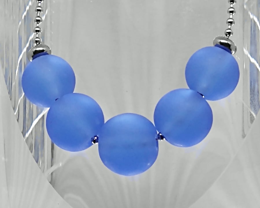Blue Frosted Sea Glass Orb bead necklace lampwork
