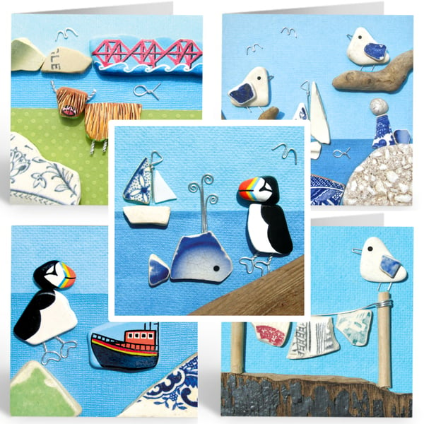 Greetings Cards (Pack of 5) - Seaside Puffin, Whale, Seagull, Highland Cow, Boat