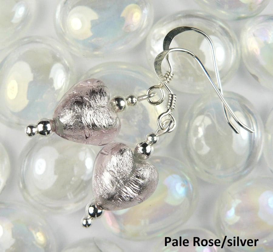 Murano glass heart drop earrings, sterling silver, 10mm - 7 colours