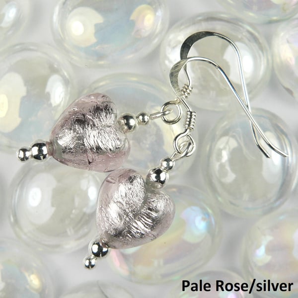 Murano glass heart drop earrings, sterling silver, 10mm - 7 colours