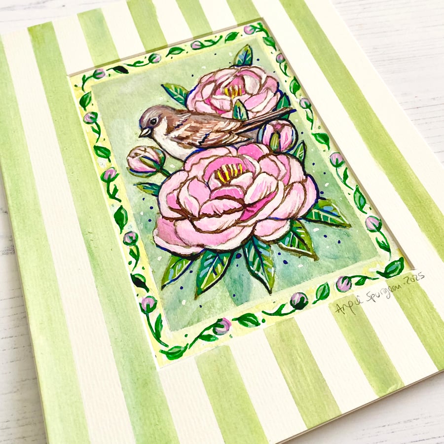 Original Painting of House Sparrow and Peony Flowers, Watercolour and Ink