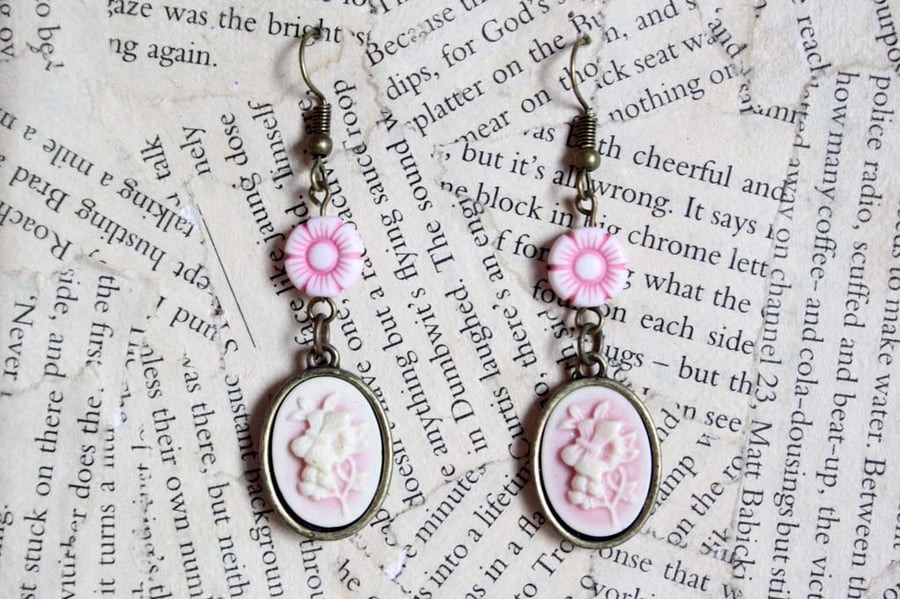 Pink Flower Butterfly Cameo Earrings 