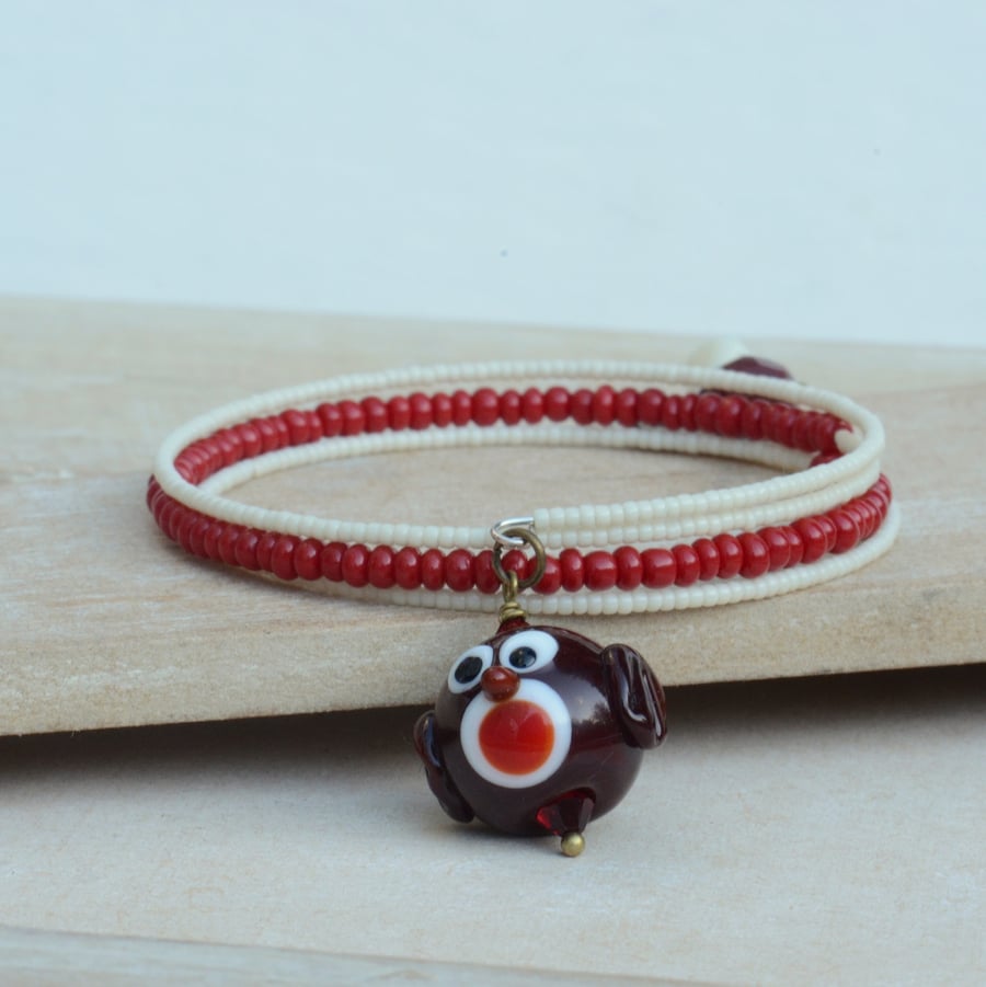 Memory Wire Cream and Red Bracelet with Lampwork Robin & Czech Beads