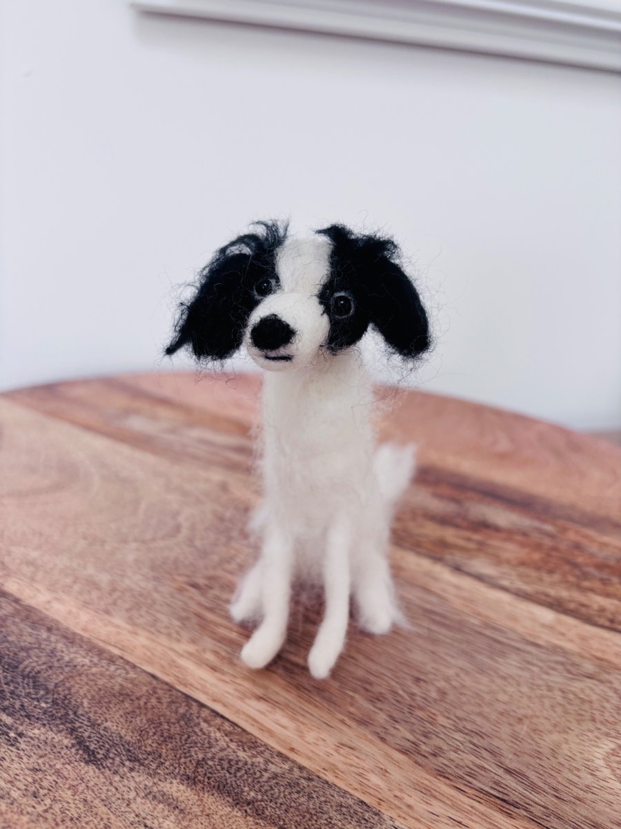 Needle felt wool black & white papillon dog. Collectible