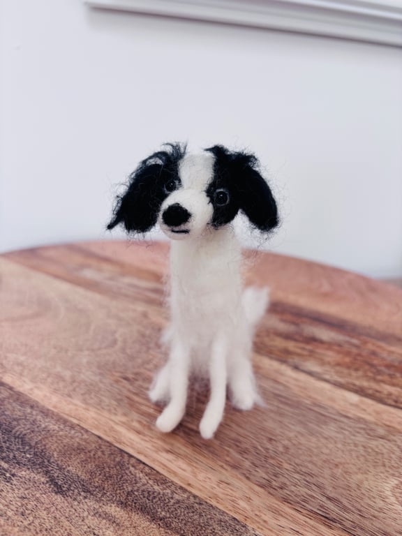 Needle felt wool black & white papillon dog. Collectible