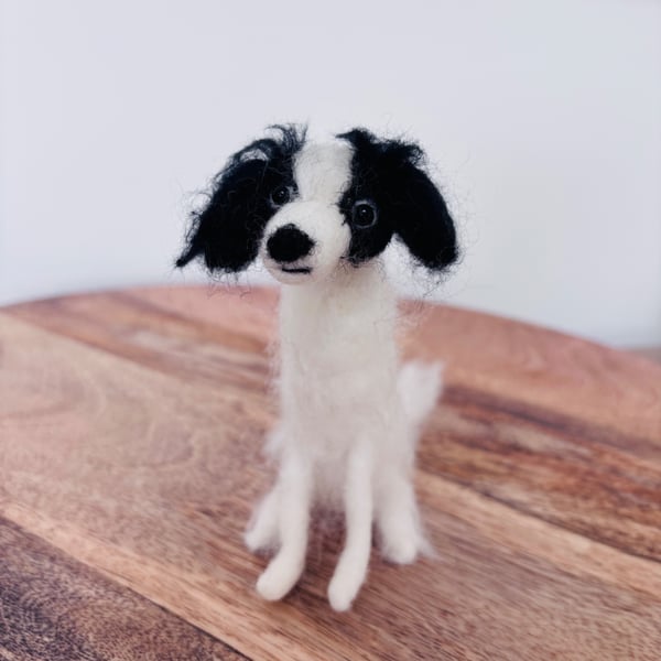 Needle felt wool black & white papillon dog. Collectible