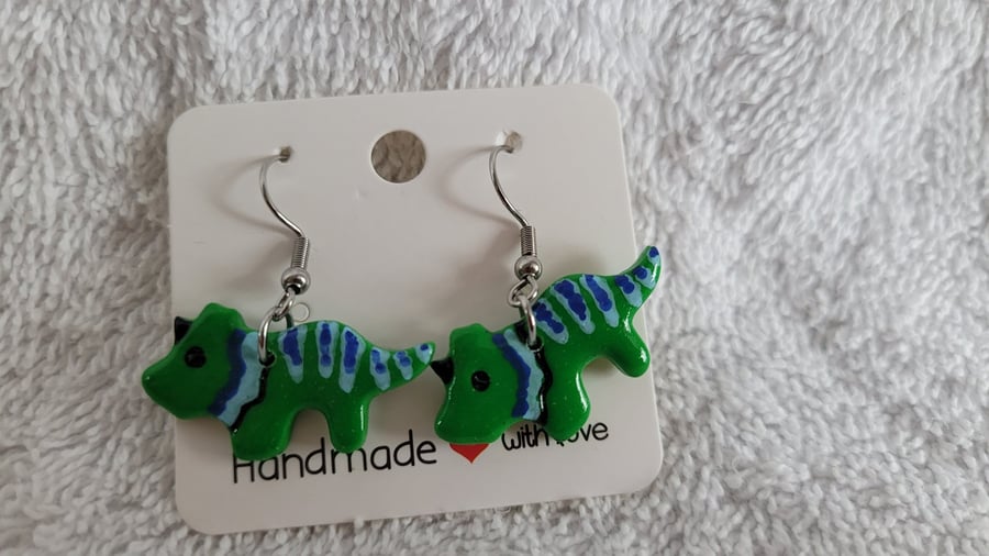 Handmade Green Dinosaur Polymer Clay Earrings. 316 Surgical Stainless Steel