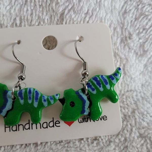 Handmade Green Dinosaur Polymer Clay Earrings. 316 Surgical Stainless Steel