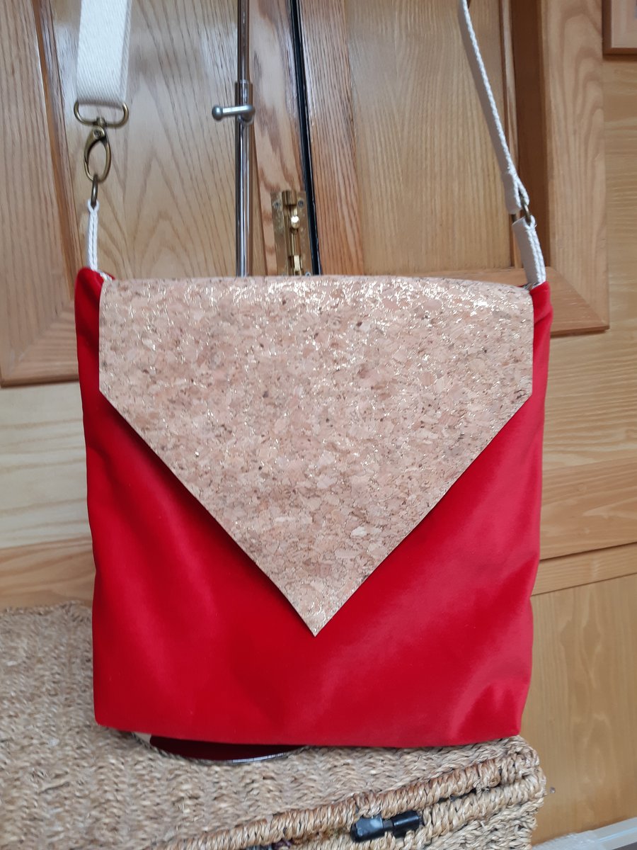 Cork and scarlet velvet bag