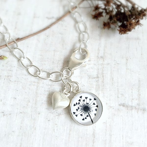 Sterling Silver Love Heart Dandelion Charm Bracelet with Brushed Heart Charm