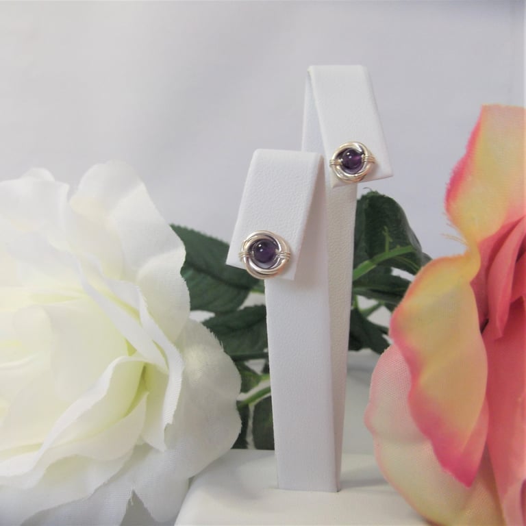 Amethyst gemstone russian wedding ring style recycled silver stud earrings