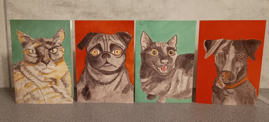 Tabby Cat, Pug, Black Cat, Black Labador x 4 cards