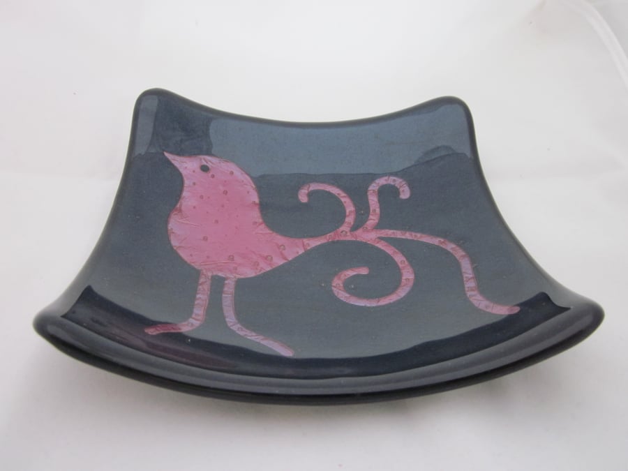 Hand made fused glass candy bowl - cute swirly bird on blue aventurine