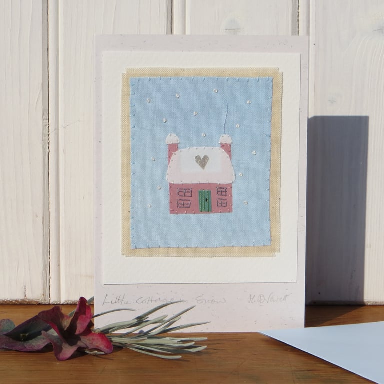 Little Cottage in Snow hand-stitched card for Christmas or New Home