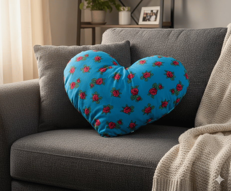 Handmade Floral Heart Cushion – Large Blue Rose Print Decorative Pillow