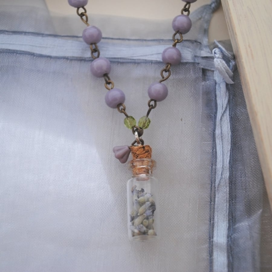 Lavender bottle necklace (purple beads)