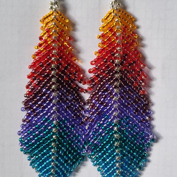 Rainbow Fringe Beaded Earrings with Silver Accent