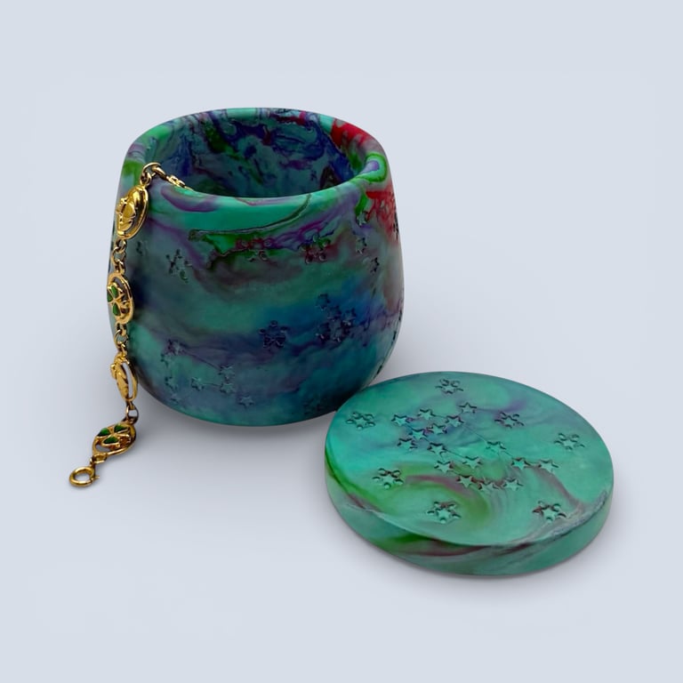 Aurora Borealis Jewellery Box Green and Blue Marbled Handmade Trinket Pot