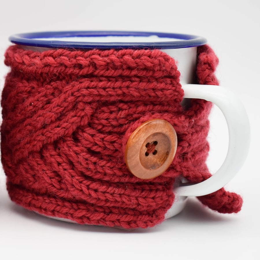 SOLD - Pair of hand knitted mug cosies in red