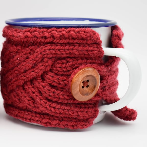 SOLD - Pair of hand knitted mug cosies in red