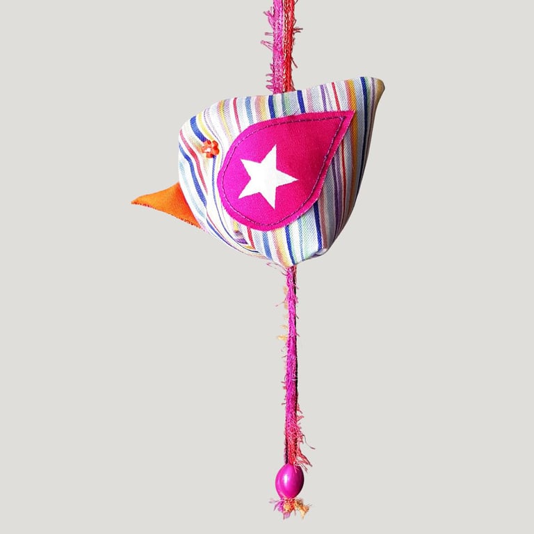 Striped Hanging Fabric Bird Ornament - Pink Star Textile Bird Decoration