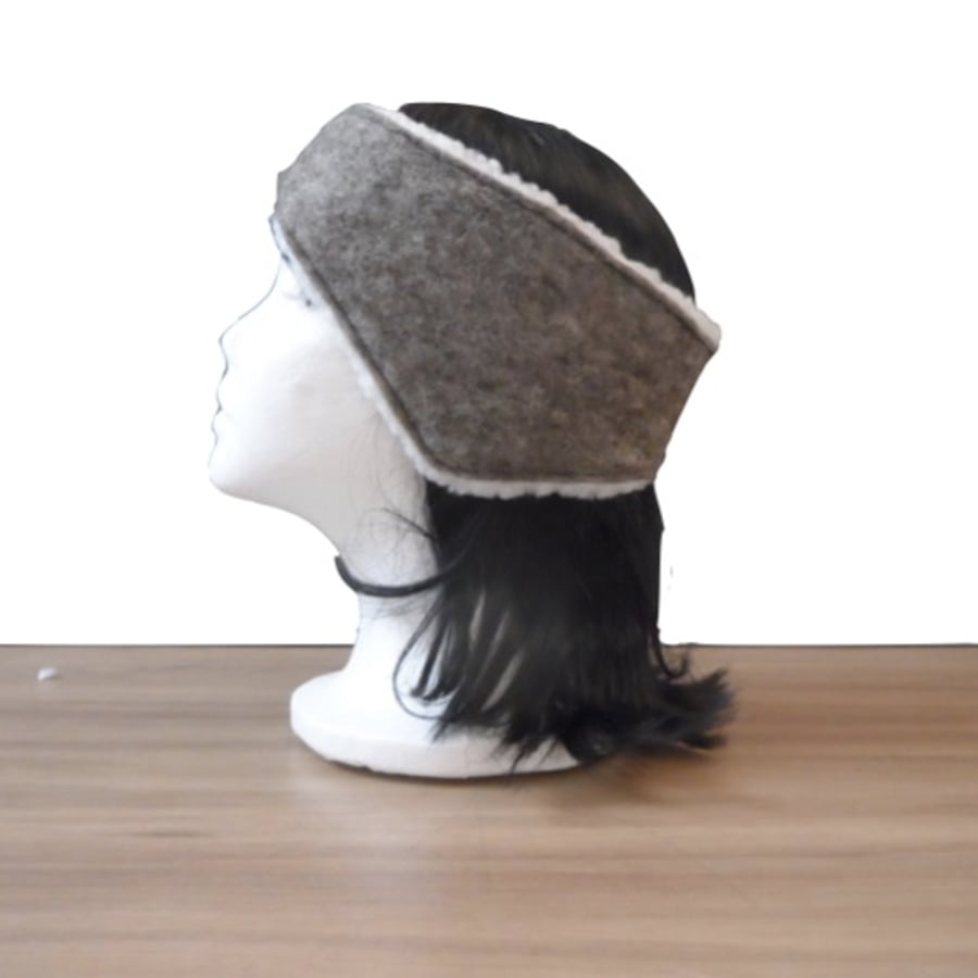 Grey felted headband, ear warmer with sherpa fleece