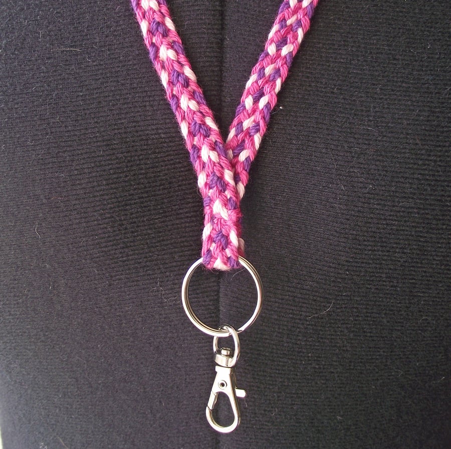 Lanyard for Identity Badge and Key, Kumihimo Braided Cotton in Pink and Purple