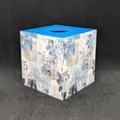 Handmade, decoupage, blue, beige black and white pattern wooden tissue box cover
