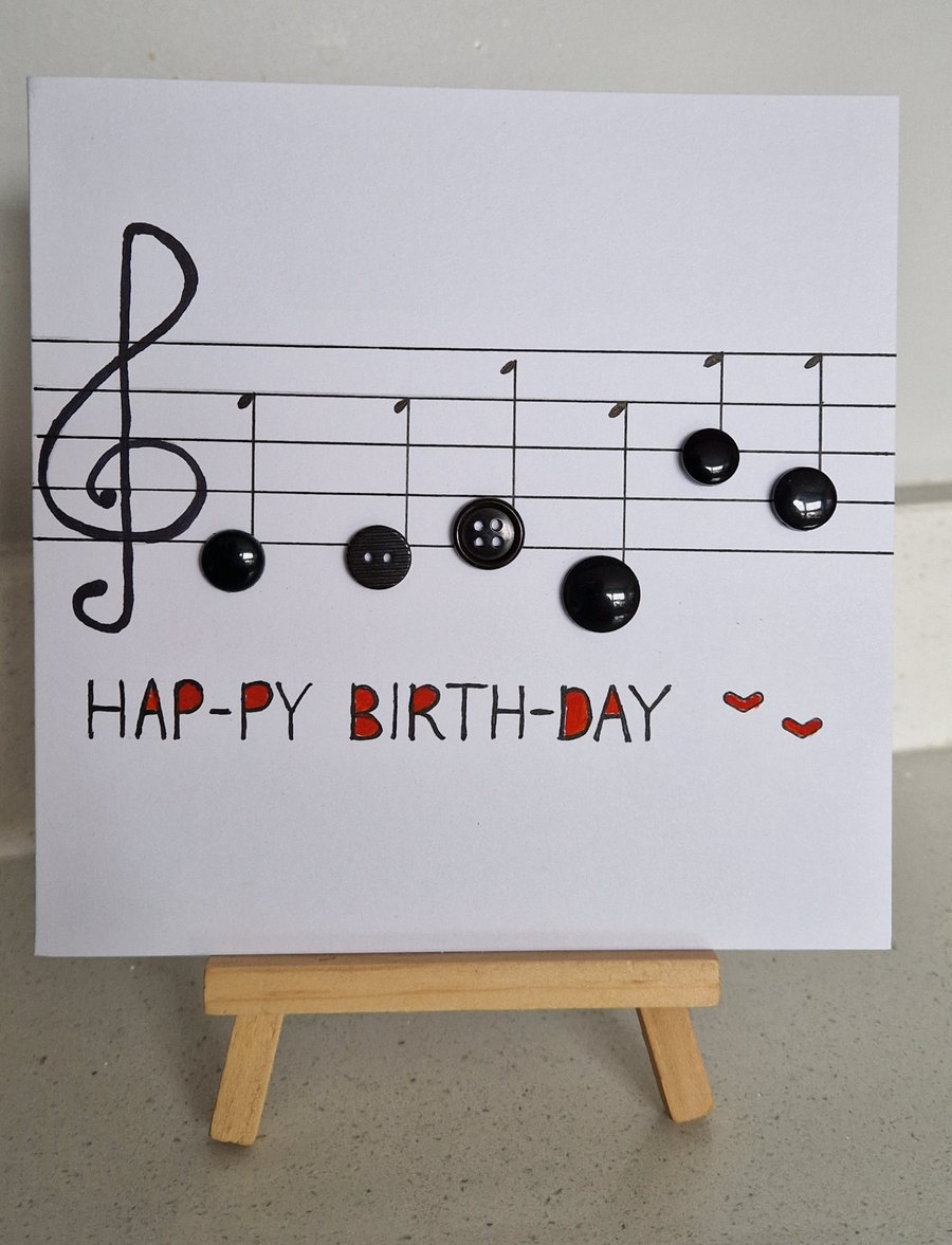 Hand drawn birthday card of music musical notes with buttons