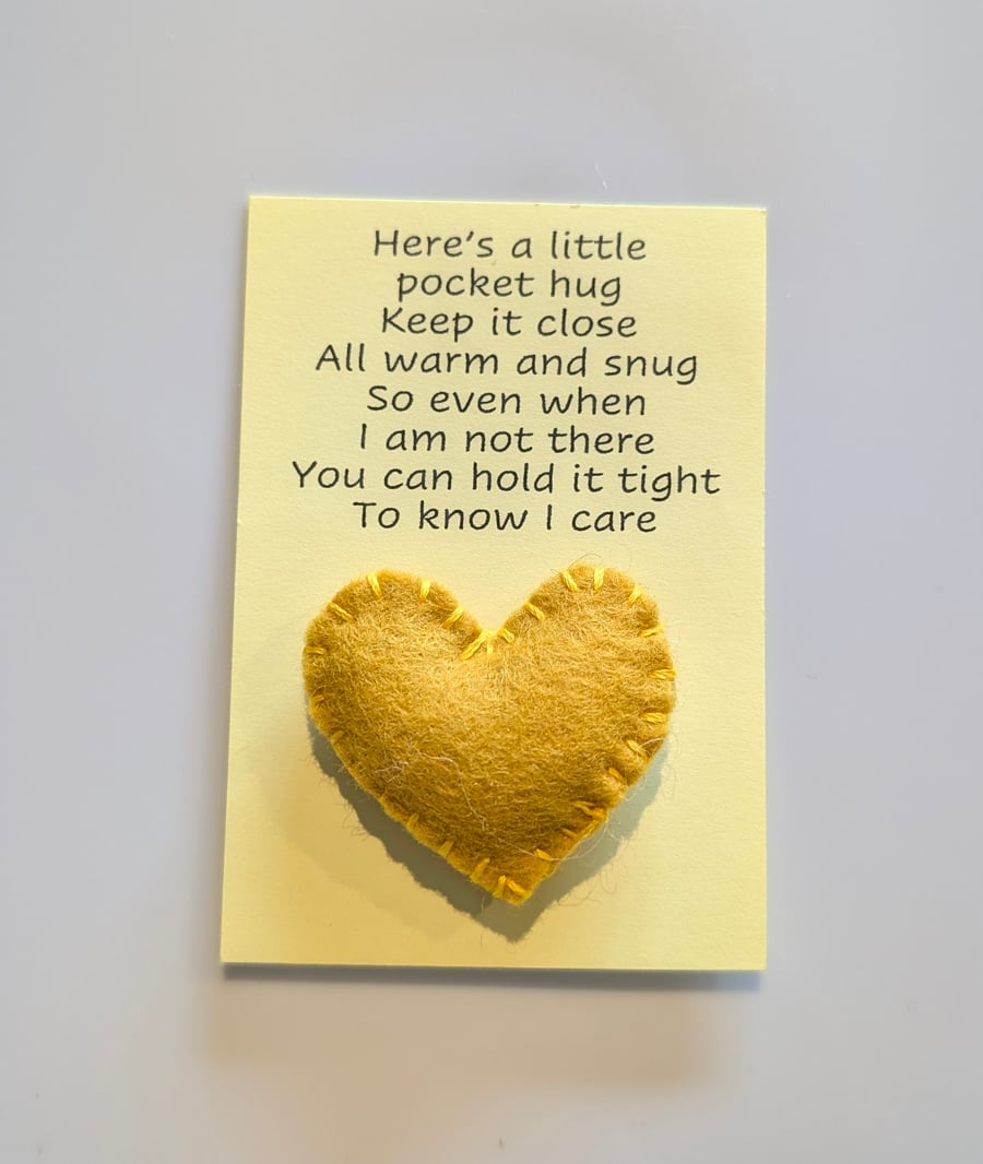 Handmade handsewn felt mini heart shaped pocket hug yellow