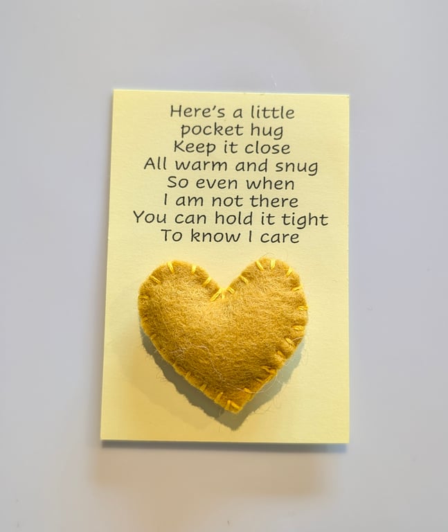 Handmade handsewn felt mini heart shaped pocket hug yellow