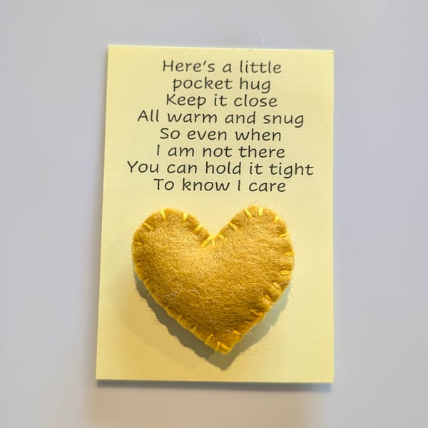 Handmade handsewn felt mini heart shaped pocket hug yellow