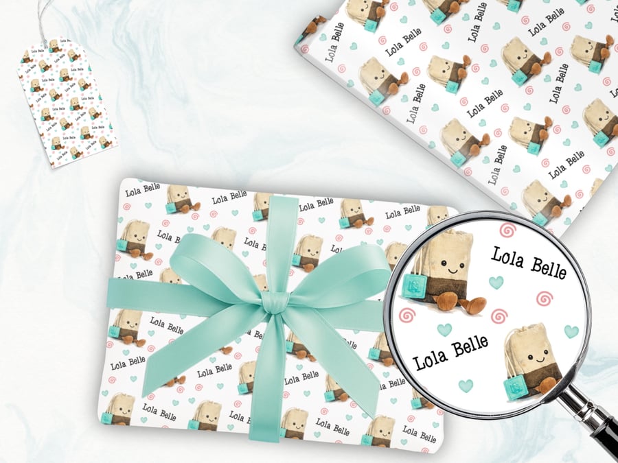 Personalised teabag plushie wrapping paper 