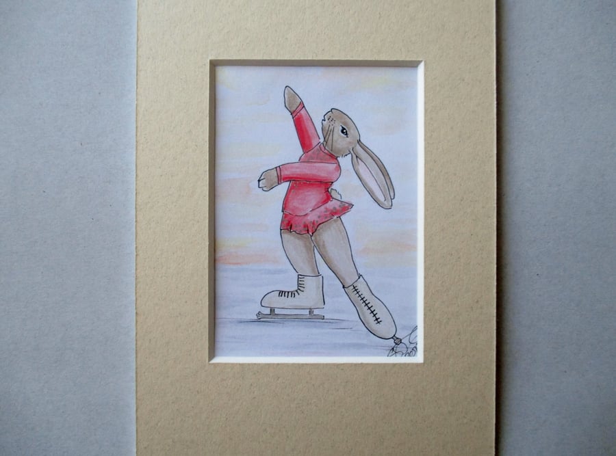 Ice Skater Skating Bunny Rabbit Dancer Dancing ACEO original painting in mount