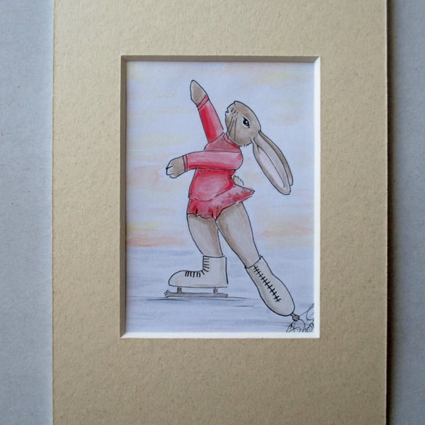 Ice Skater Skating Bunny Rabbit Dancer Dancing ACEO original painting in mount