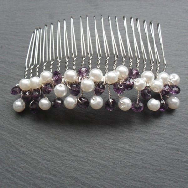SALE Purple Crystals and White Pearl Hair Comb HC029